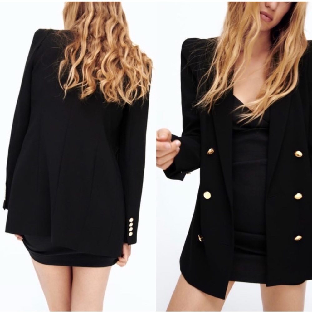 EUC Zara Black Double Breasted Shoulder Pad Blazer Size XXL Gold Button Details